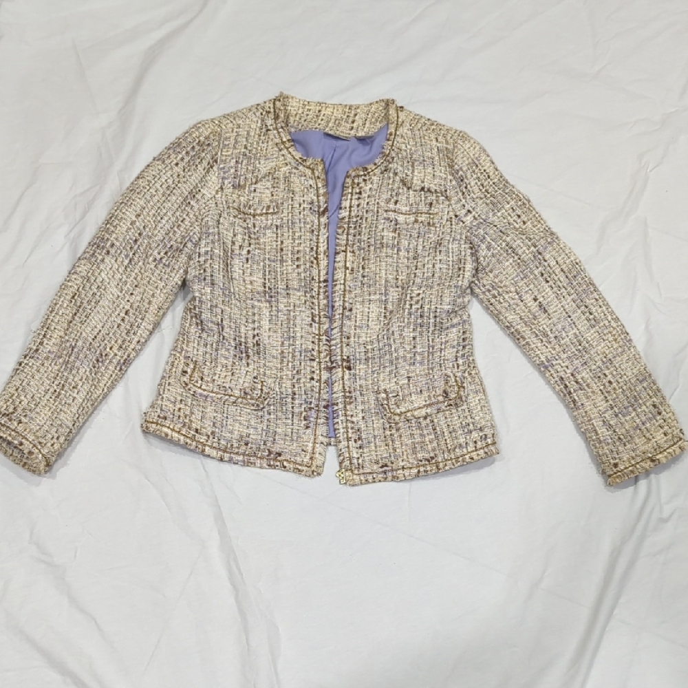 Chico's Gold Woven Cream Tweed Fringe Blazer Full Zip Blazer S/M Sz 1